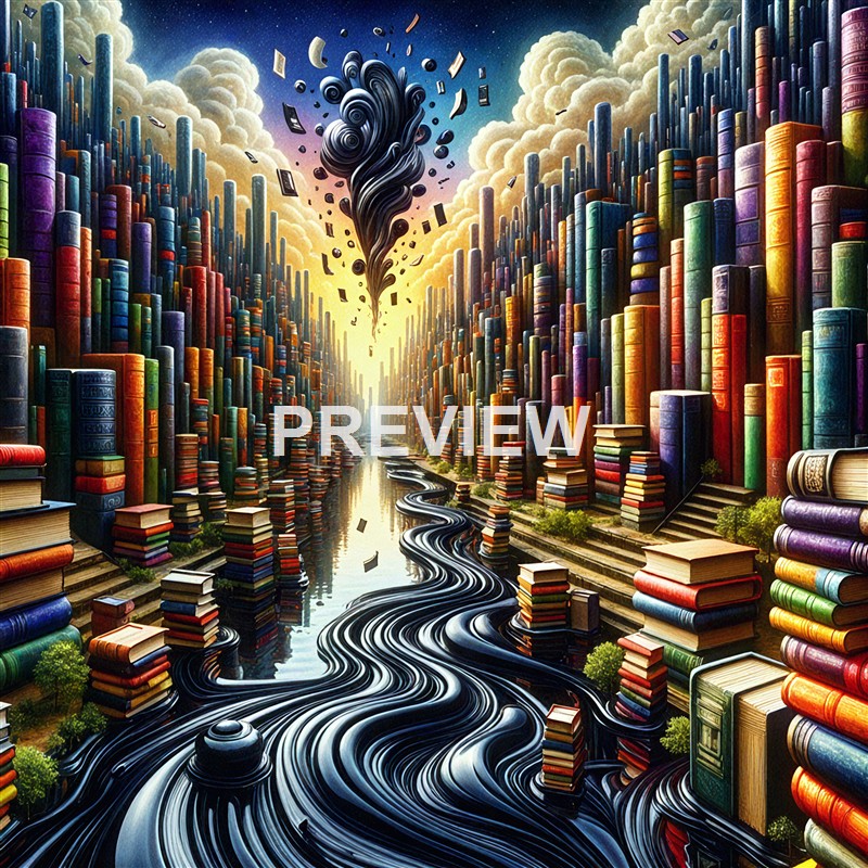A surreal scene of a narrow waterway flanked by towering, colorful bookshelves under a sky filled with clouds and a swirling tornado of books and debris.
